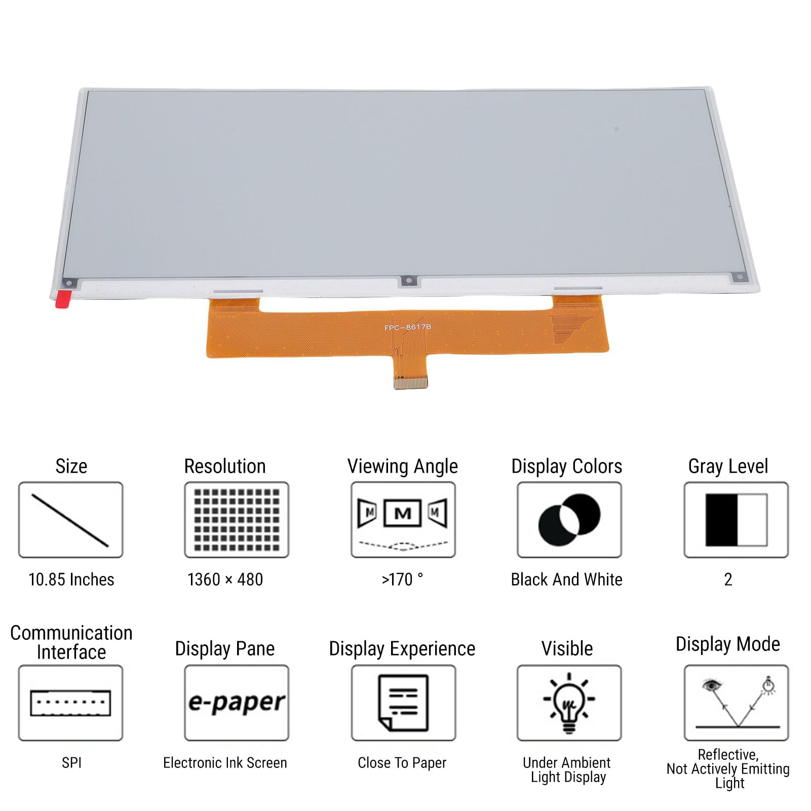 Bewinner 10,85-calowy Elektryczny Wyświetlacz Papierowy, rozdzielczość 1360x480, Interfejs SPI, Ekran E-Ink dla RasPi 5 4B 3B Zero, ESP32, STM32, Niskie Zużycie Energii