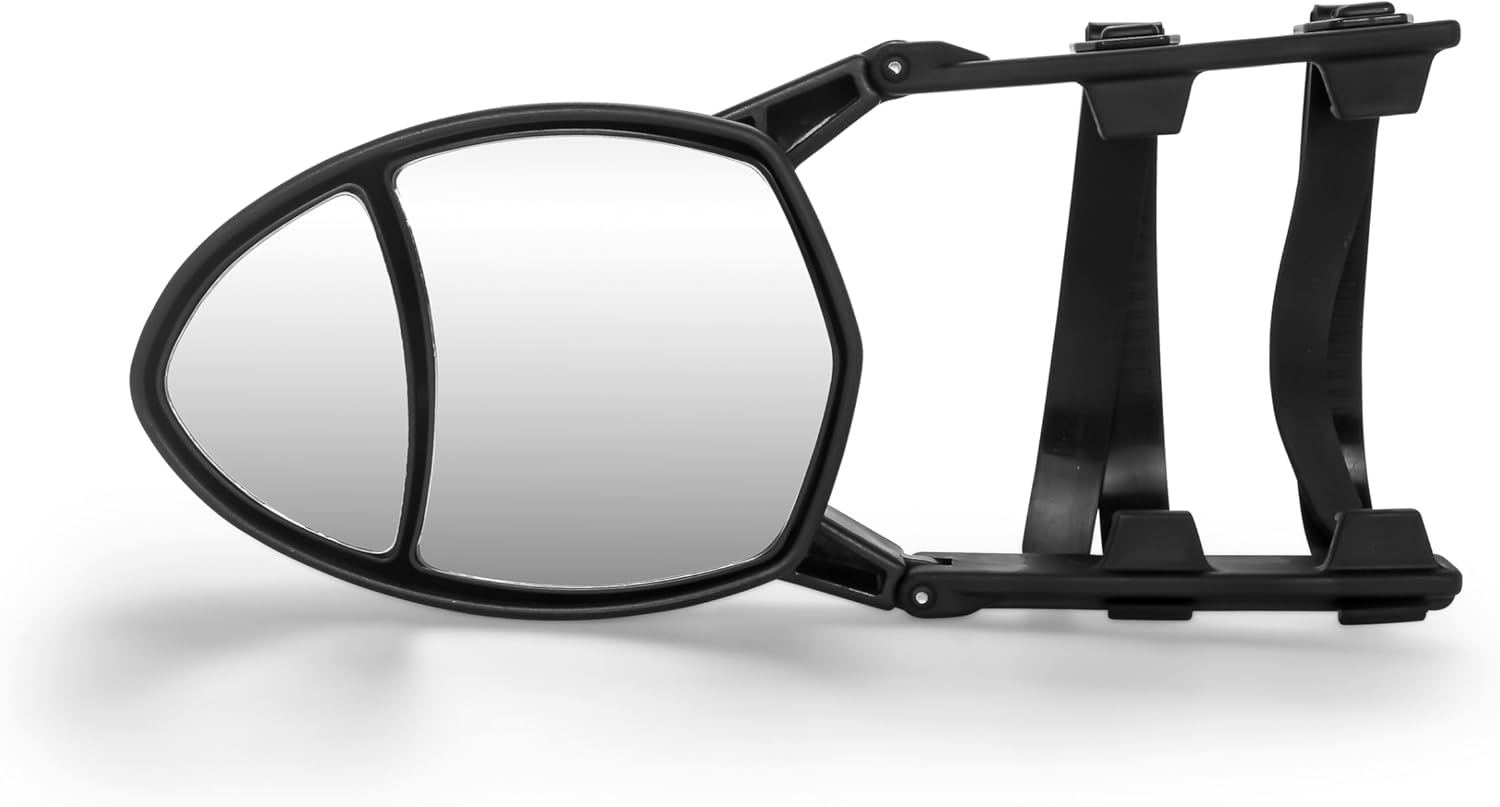 Camco Clamp-On Dual View Tow Mirrors - Features 2 Independently Adjustable Mirrors & an Aerodynamic Design - No Tools Required for Install - Adjustable Rubber Straps Fit 7-10 inch Tall Mirrors (25653)