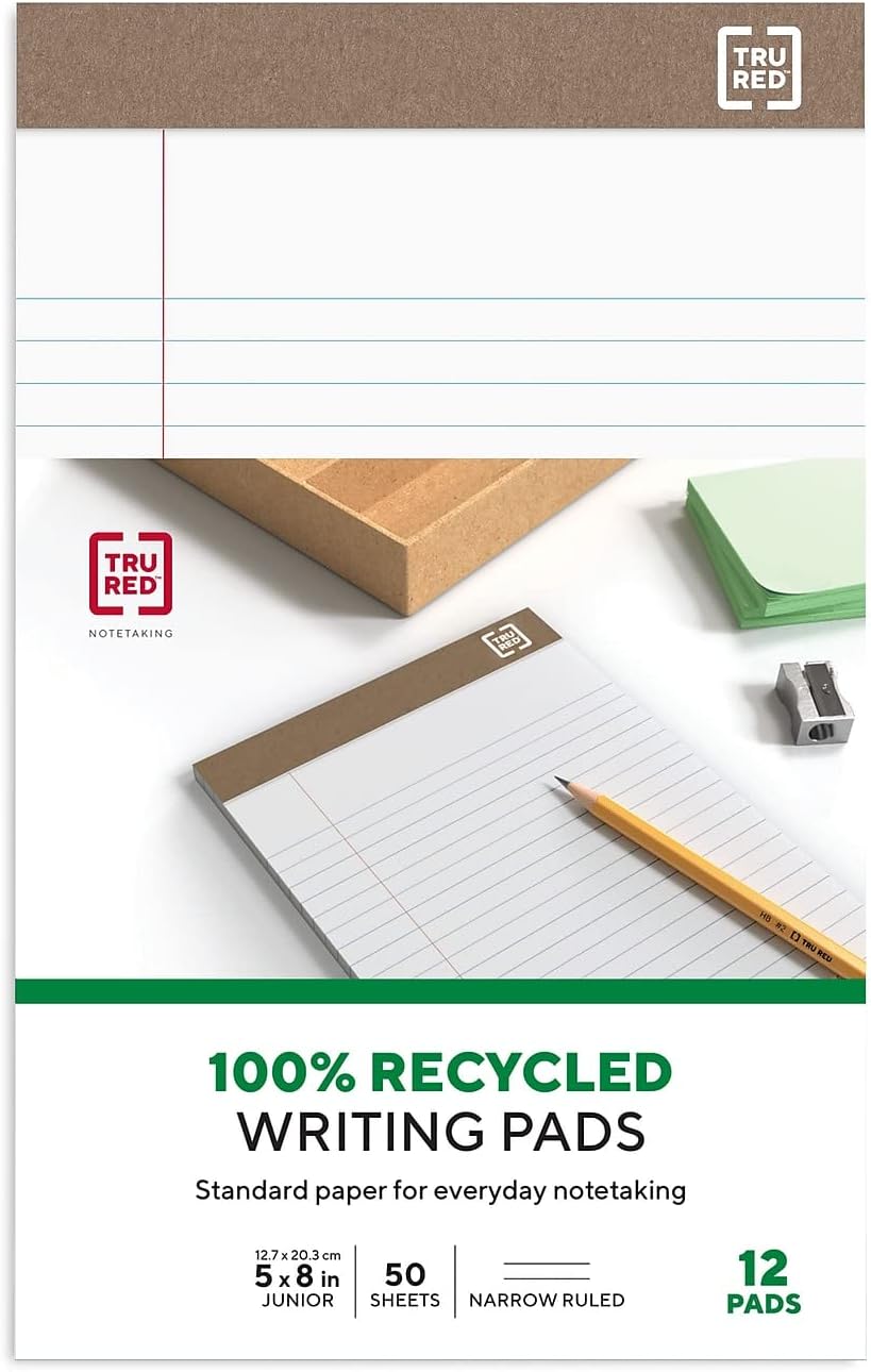STAPLES Notepads, 5” x 8”, Narrow Ruled, White, 50 Sheets/Pad, 12‑Pack
