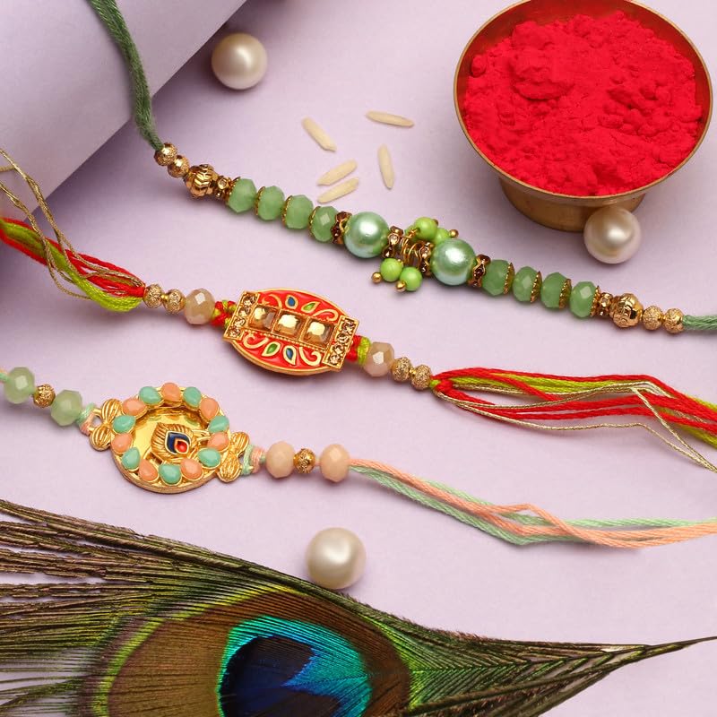 The Purple Tree Beautiful Kundan Peacock Rakhi For Brother with Roli Chawal and Card (set of 3) Rakhi for bhai, Rakshabandhan Gift for brother,-picture-1