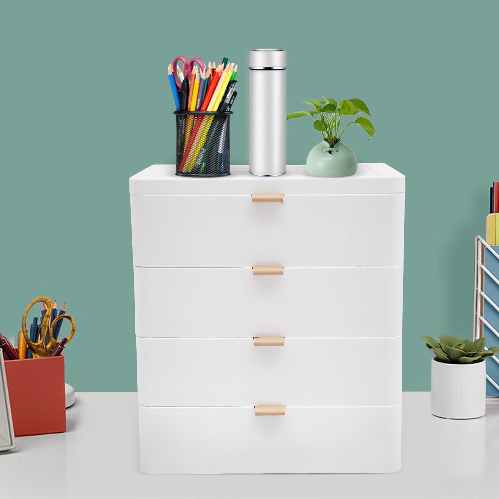 Contenitore rettangolare da scrivania con cassetto, 4 cassetti, bordi convessi, angoli rotondi, per libri, gioielli, cosmetici, snack