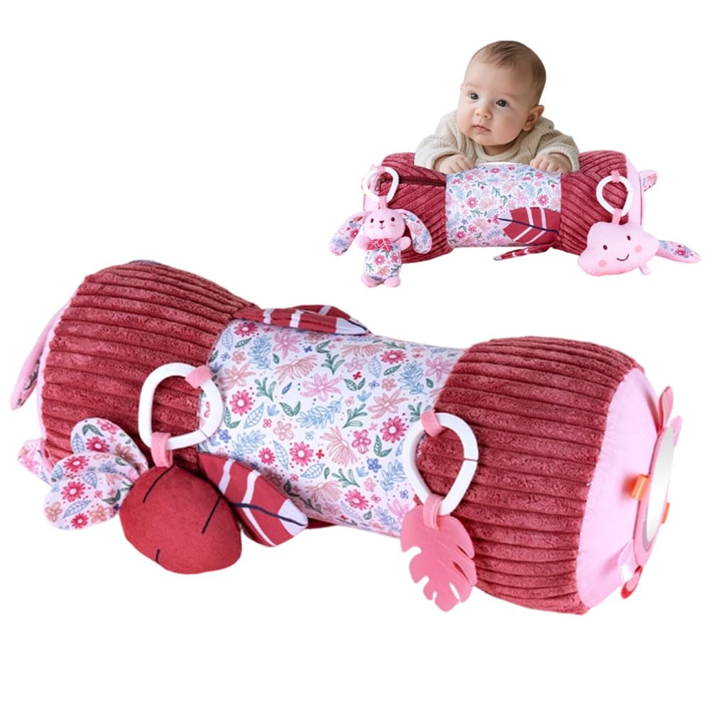 JOAASU Tummy Time Pillow, Pink Inflatable Tummy Time Roll with Integrated Rattle & Squeaker, Interactive Soft Baby Pillow, Interactive Soft Baby Tummy Time Pillow for Babies 0-24 Months