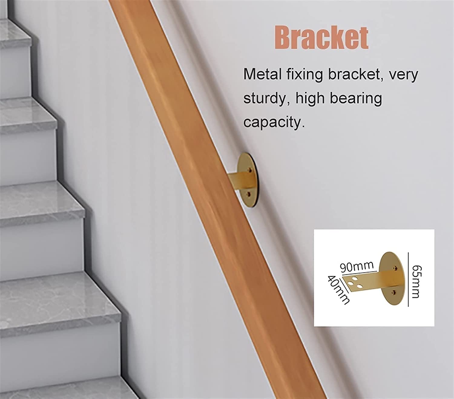 X&Z-XAOY Holzhandläufe Für Treppen Mit Goldener Halterung, Rutschfestem Haltegriff Für Ältere Menschen/Behinderte An Der Wand Befestigter Moderner Quadratischer Treppenhandlauf (Size : 2m(6.5ft))