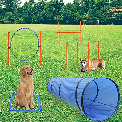 Dog Agility Training Equipment, Obstacle Agility Training Starter Kit for Doggie, Including Tunnel, 13 Weave Poles, Adjustable Hurdle, Jump Ring, Paus