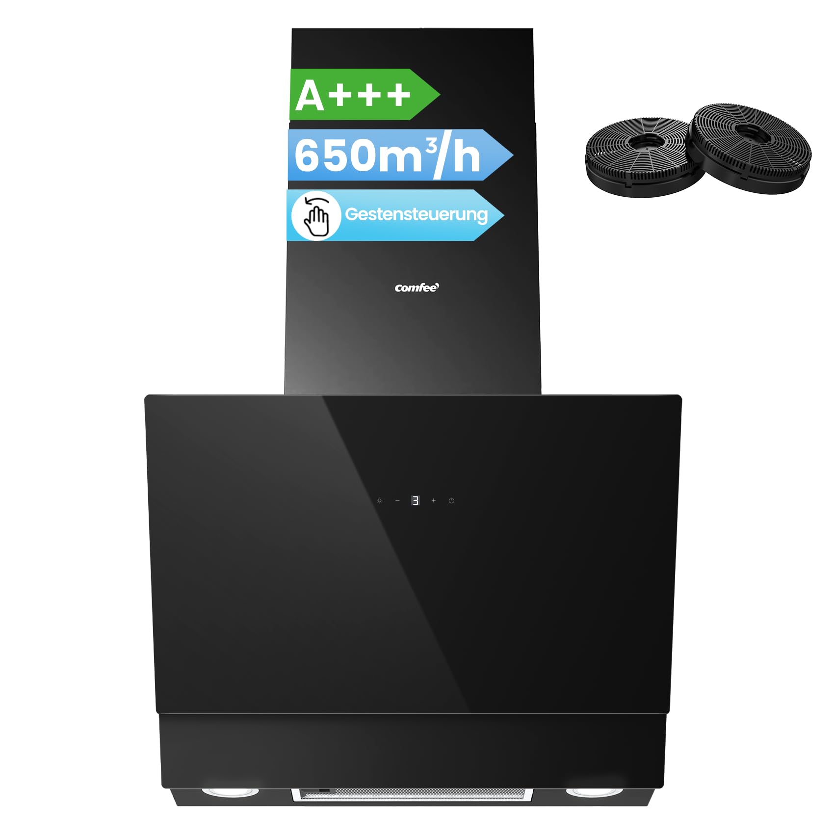COMFEE' CH60J72ET6A3B A+++ Dunstabzugshaube 60 cm, 650m³/h Luftstrom, Kopffreihaube 60cm Umluft und Abluft, Touchscreen, Gestensteuerung, 4 Geschwindigkeiten, LED, Schwarz