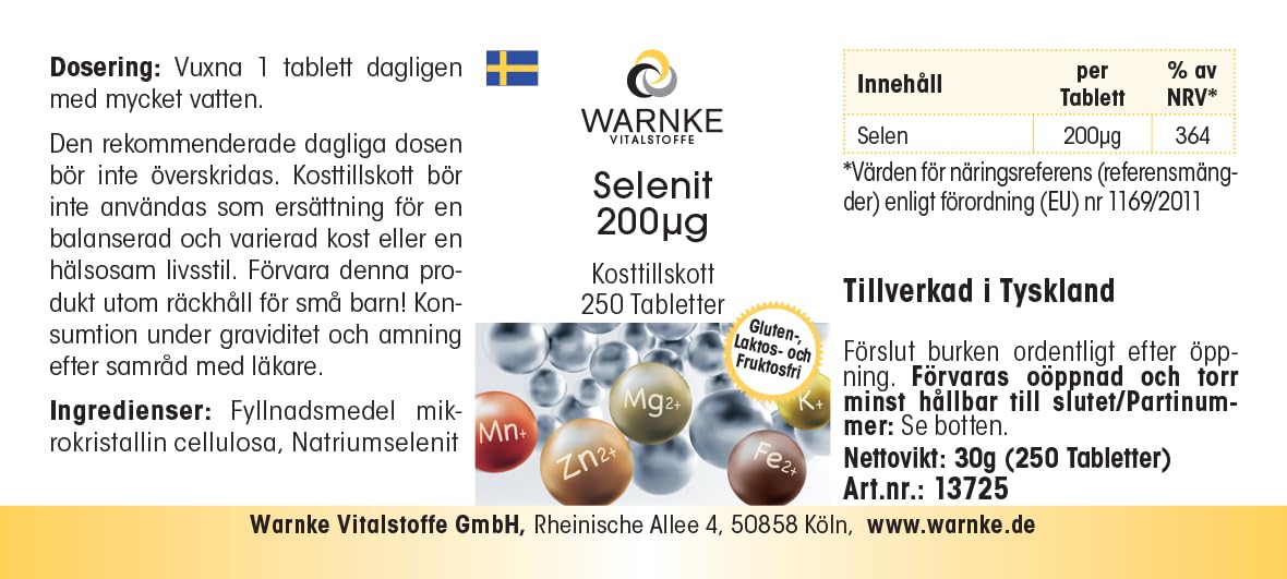 Selenite 200μg - 250 compresse - 200μg di selenio per compressa - Selenito di sodio - ALTO DOSAGGIO - Qualità farmaceutica tedesca - Vegano | Warnke Vitalstoffe