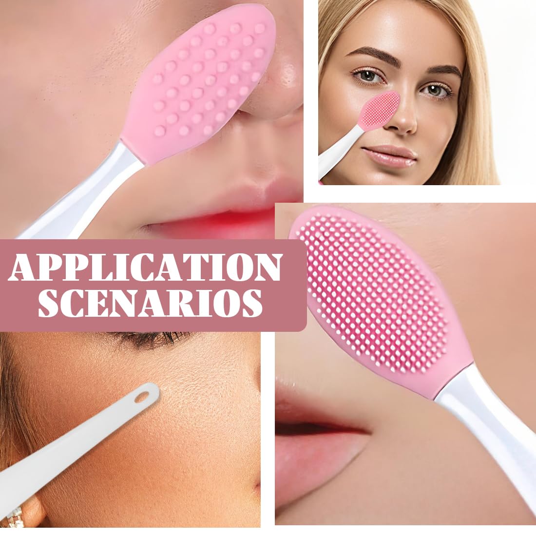 2 brosses à gommage des lèvres en silicone double face et des brosses de nettoyage des points noirs ; utilisables aussi pour le nettoyage du visage, disponibles en diverses couleurs (rose, vert)