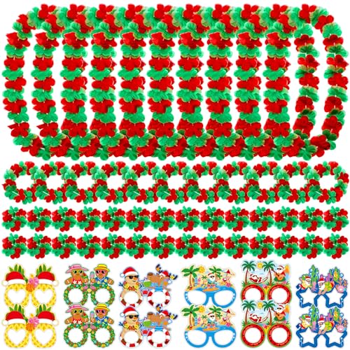 Zeyune 90 Pcs Leis for Christmas Hawaiian Luau Party Accessories Set Red Green Hawaiian in July Flower Leis Necklace Headband Bracelet Glasses for 18 Guest Summer Tropical Beach Xmas Party Favors