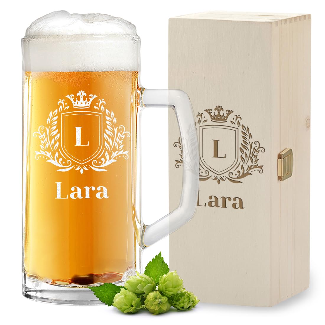 polar-effekt 2-TLG Geschenkset 1x Bierkrug 500 ml und 1x Holzkiste mit Gravur - Männergeschenke zum Geburtstag - das Jubiläumsgeschenk - Bierseidel mit Füllstrich - Bierglas für Papa und Opa