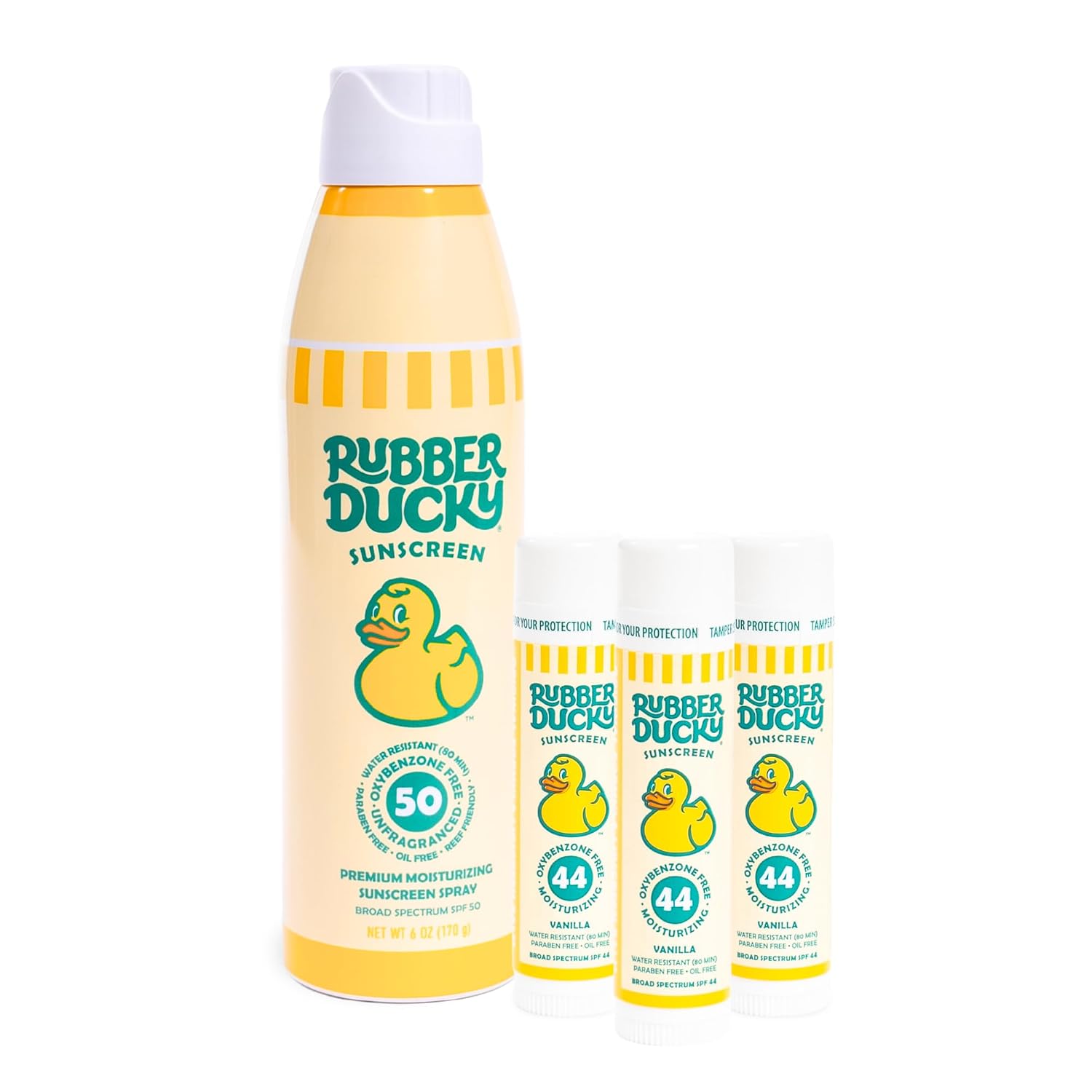 Rubber Ducky SPF 50 Sunscreen Spray 6oz + SPF 44 Lip Balm Vanilla 3 Pack