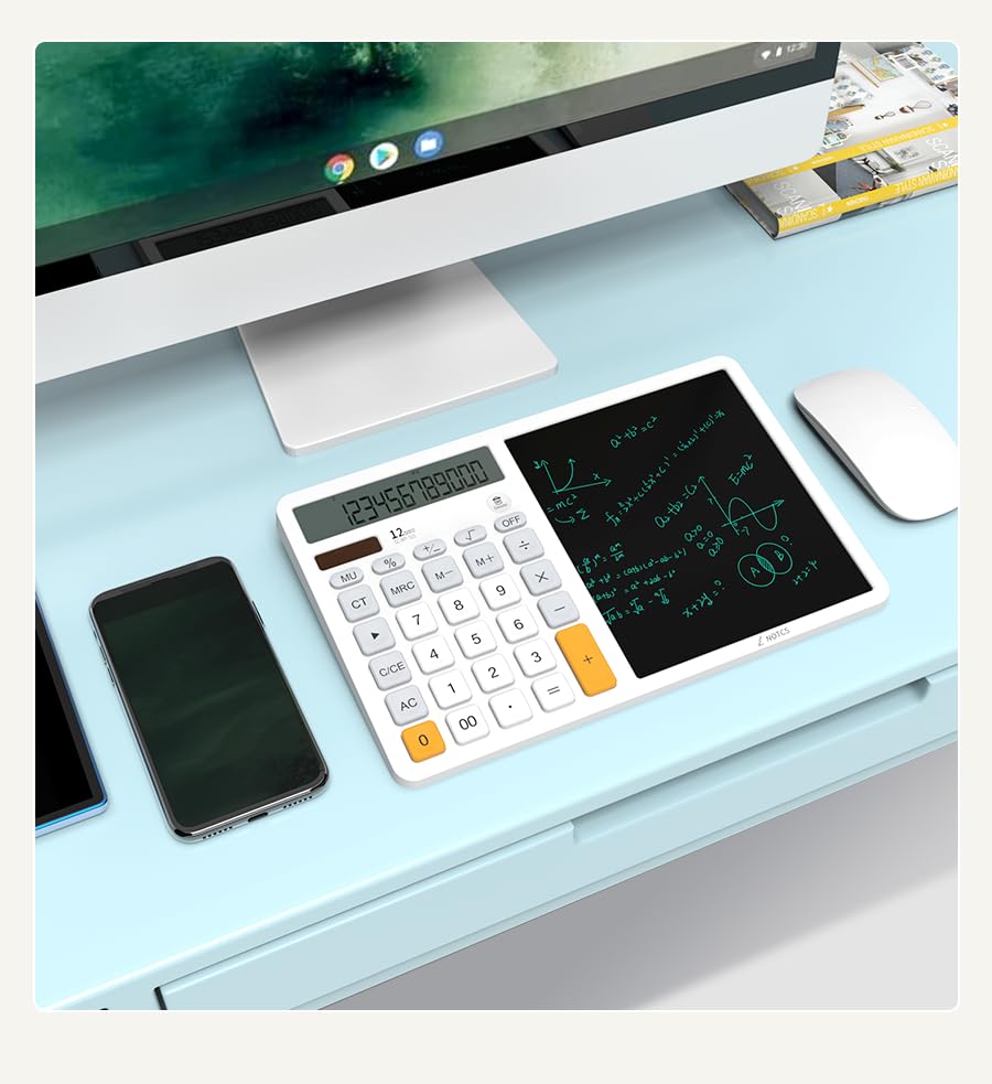 Calculatrice solaire avec bloc-notes LCD effaçable blanc 12 chiffres bureau - 3