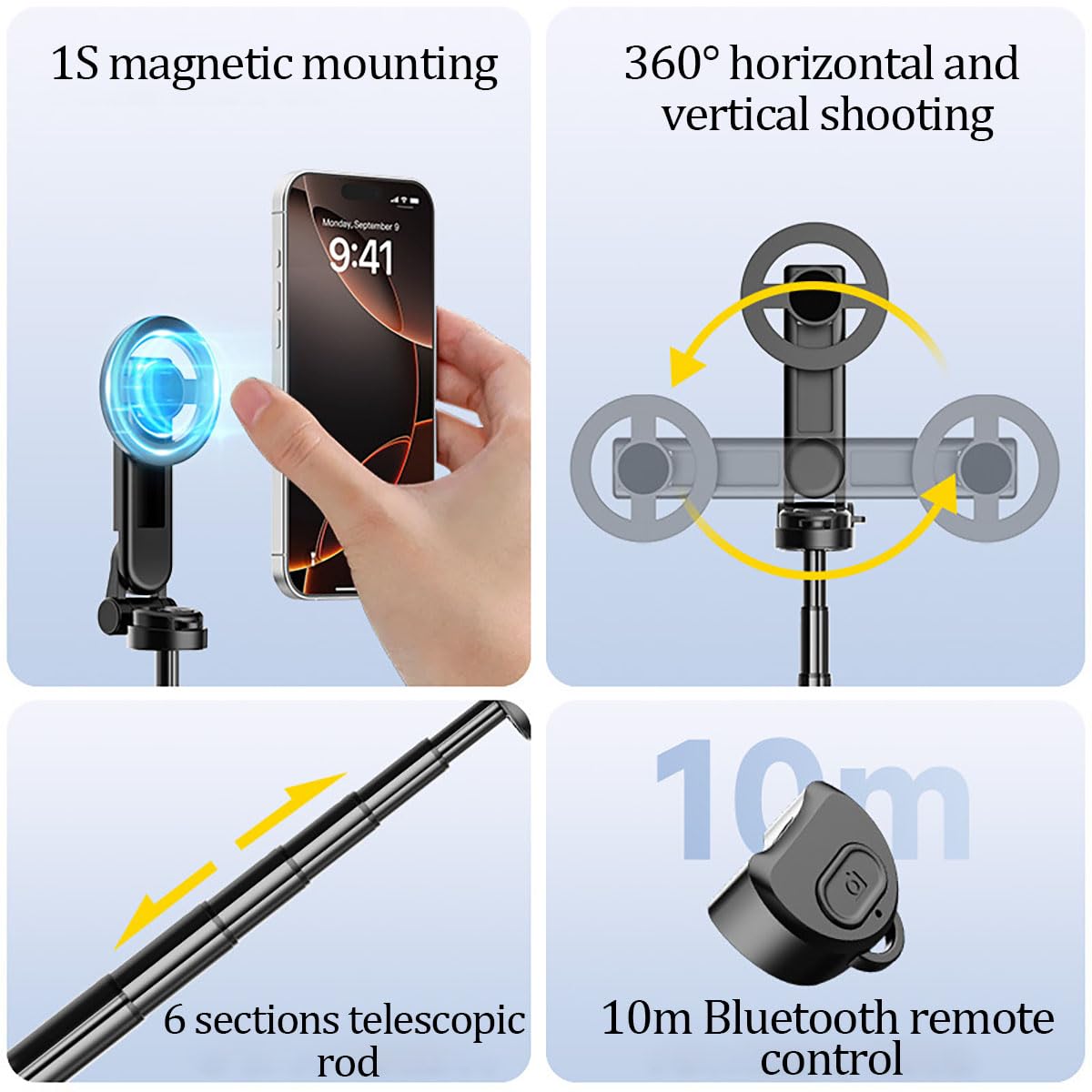 Bastone per selfie 4 in 1, multifunzione, rotazione a 360°, mini treppiede portatile estensibile per telefono con telecomando e anello in metallo per iPhone e Android, per viaggi, vlog, live streaming