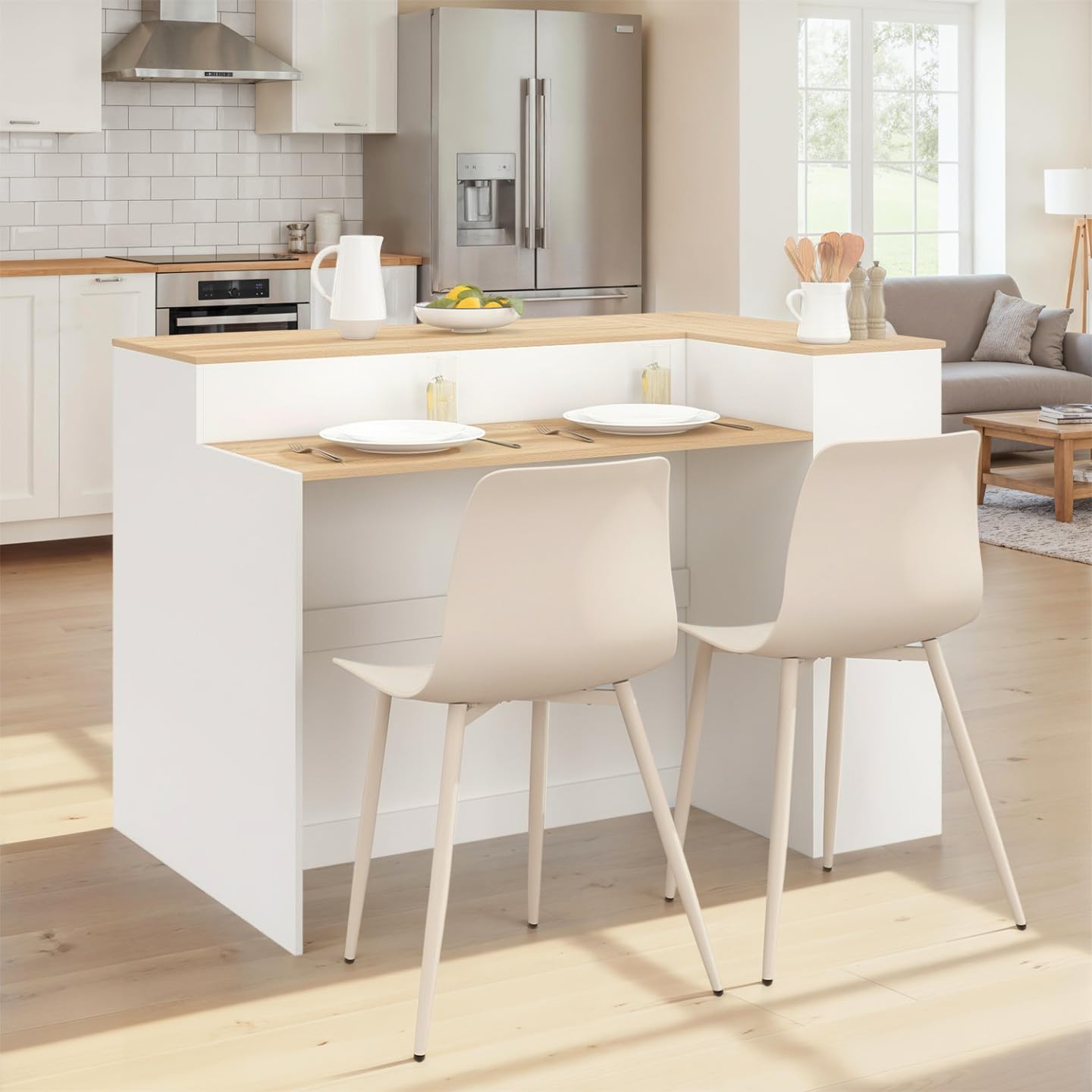 IDMarket - Ilot Central TOMI 130 cm 2 Personnes Double Plateau Bois Blanc avec Plan de Travail façon hêtre