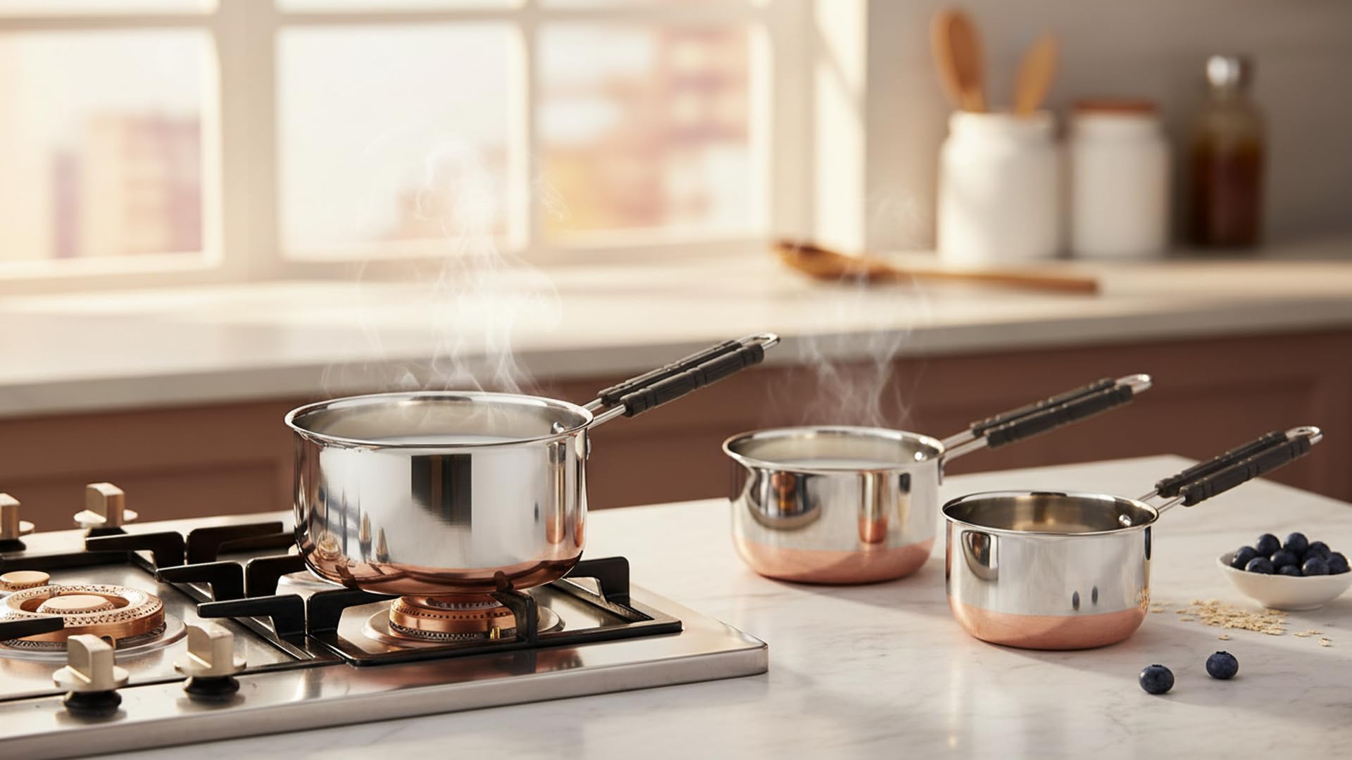 SVS ONLINE Stainless Steel Copper Bottom Sauce Pan, Flat Base, Tea Pan, Milk Pan, Tapeli Patila, Sauce Pot Cookware with Handle (Set of 3) 3