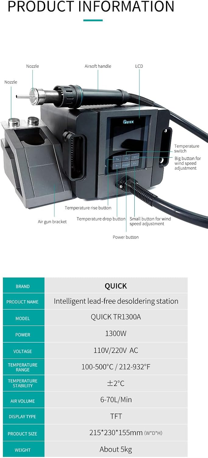 Soldering Station QUICK/SUNSHINE TR1300A Hot Air Rework Station 1300W Intelligent Desoldering Station Thermostatic Hot Gun welding