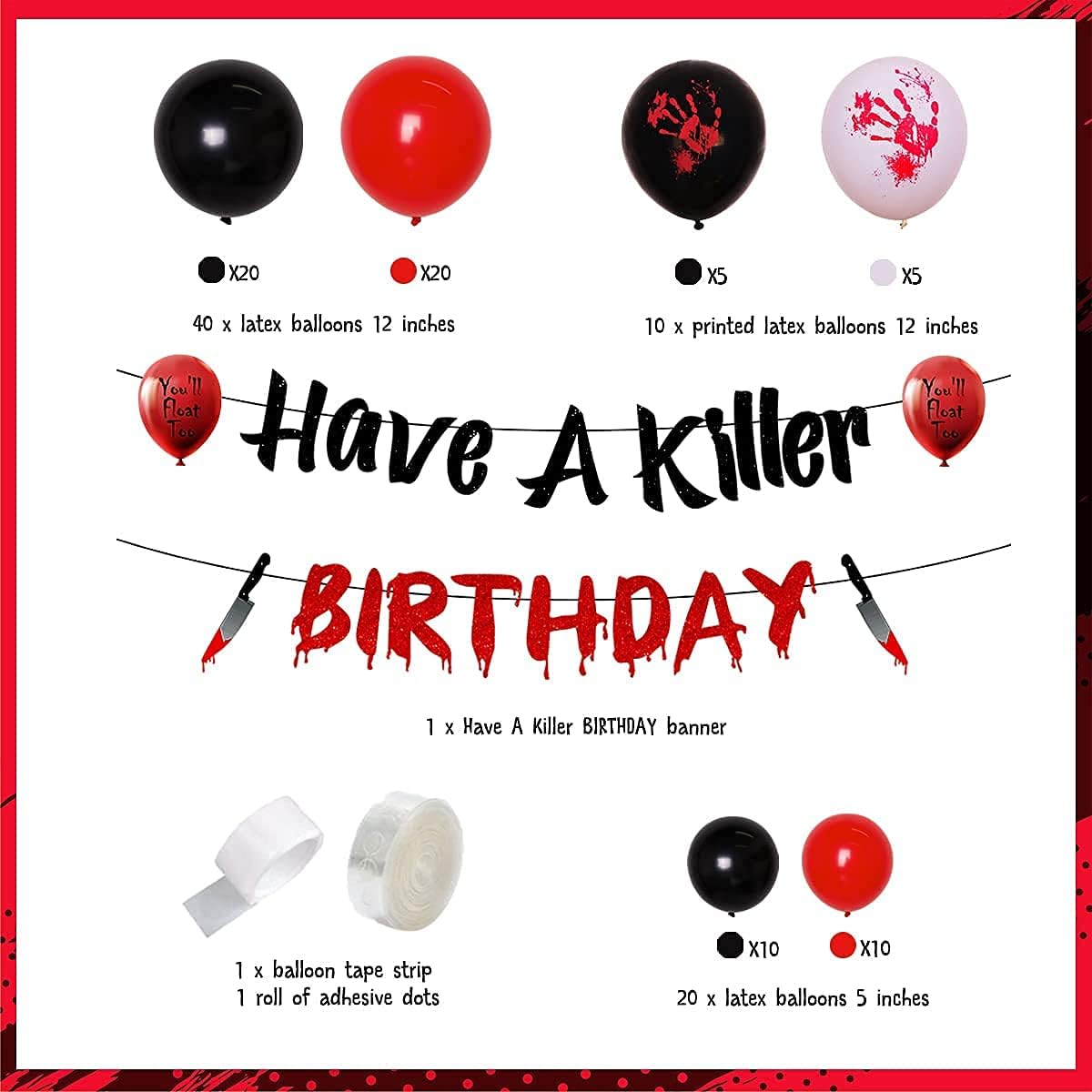 Halloween Horror Birthday Balloon Garland Kit- Have A Killer Birthday Banner, Black and Red Balloons with Bloody Hand Printing for Scary Theme Parties