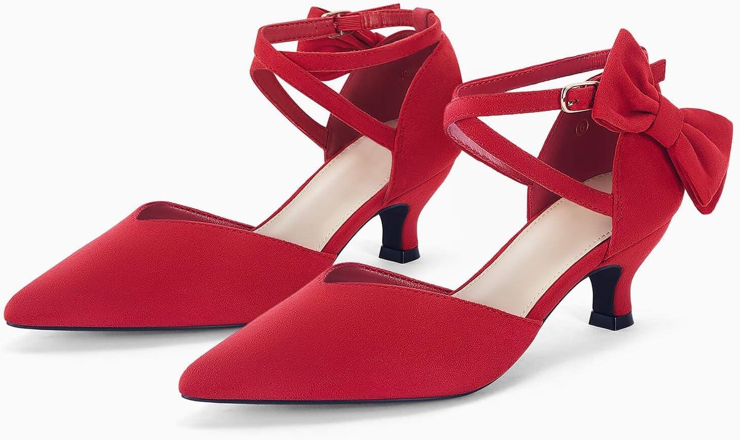 Coutgo Womens Low Kitten Heel Bow Heels Dress Shoes Closed Pointed Toe Ankle Strap Elegant Wedding Party Pumps - Image 4