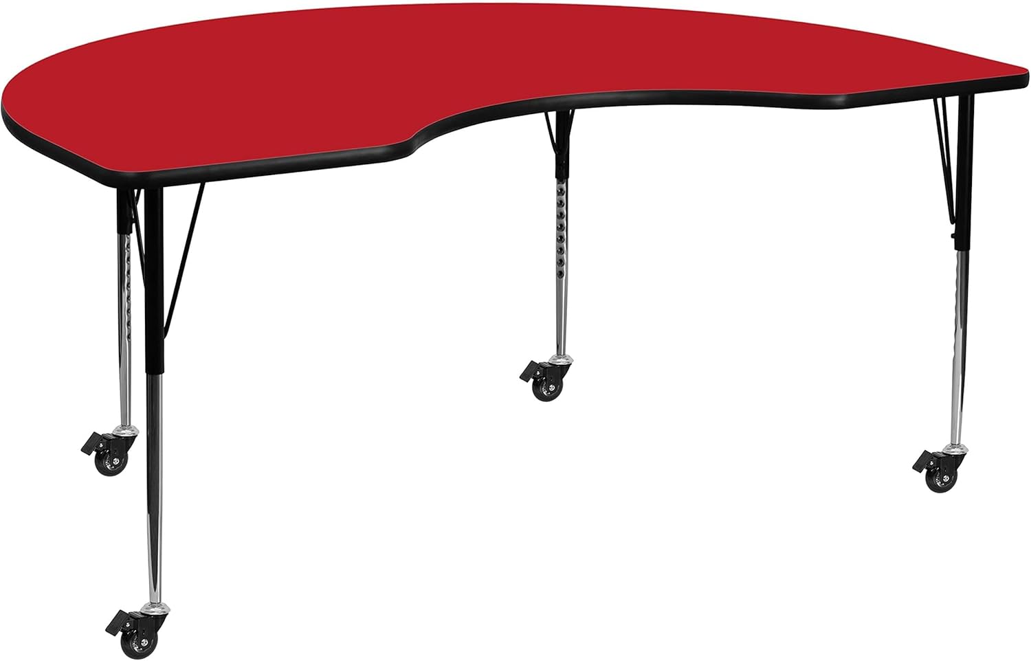 BOWERY HILL Kidney-Shaped Mobile Activity Table, 31" x 96", Red Laminate Top, Adjustable Steel Legs with Chrome Finish, Scratch and Stain Resistant, Seating for 6 Adults or 8 Children, Classroom or