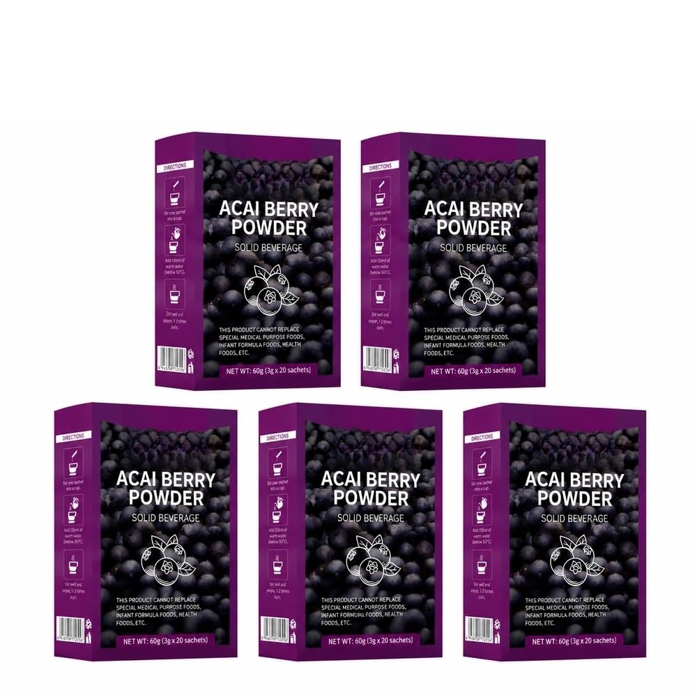 Polvere di bacche di Acai, 20 bustine, 60 g | Acai liofilizzato, senza zuccheri aggiunti, si dissolve facilmente(5boxes)