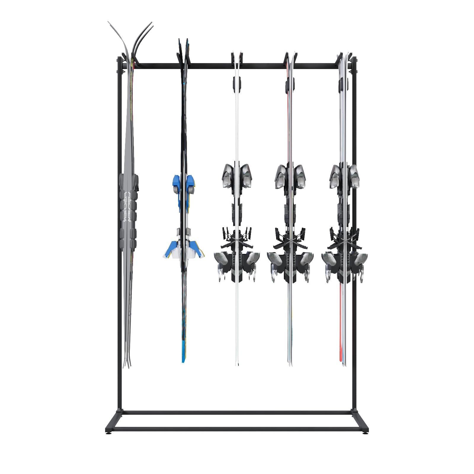 QLS Portasci da Terra per 10 Paia 175 cm Acciaio Nero | Struttura verniciata con supporti gommati, 117 x 50 x 175 cm, per garage, cantina o noleggio sci