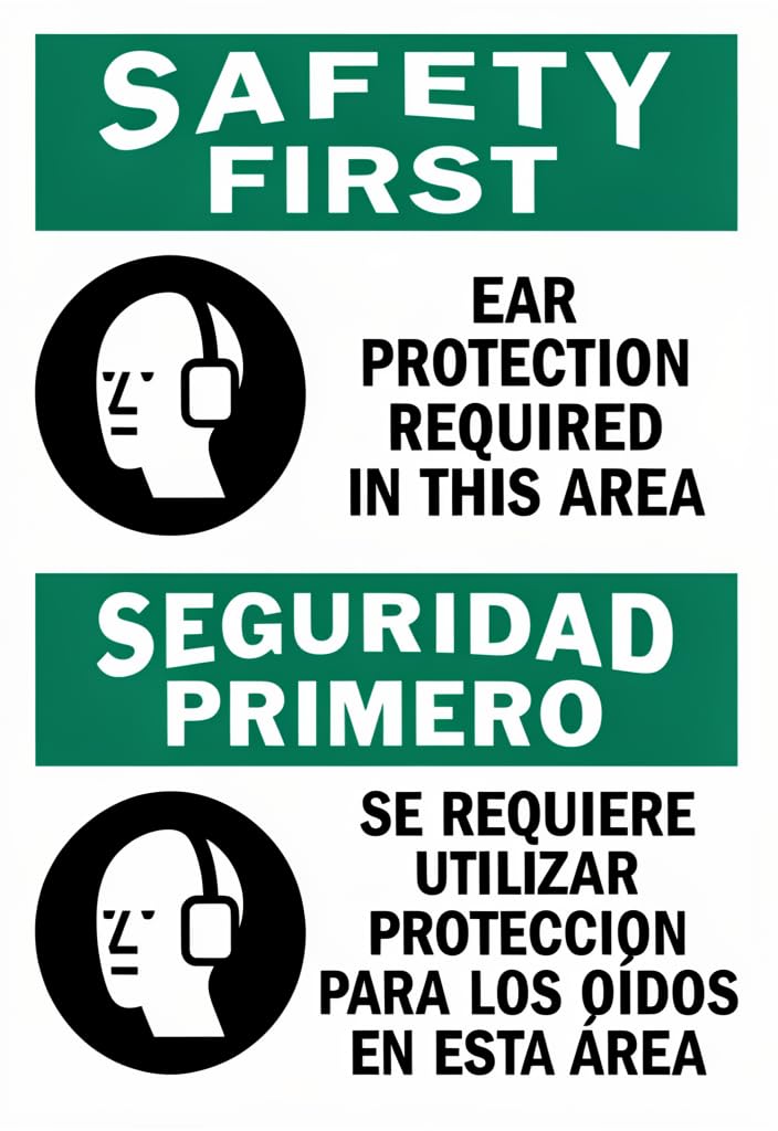 peiyeety Safety First Ear Protection Required Tin Sign 12x8 Inch, Bilingual English/Spanish Safety Notice Metal Wall Sign for Workplace, Shop, Factory, Garage, Hearing Protection Reminder Decor