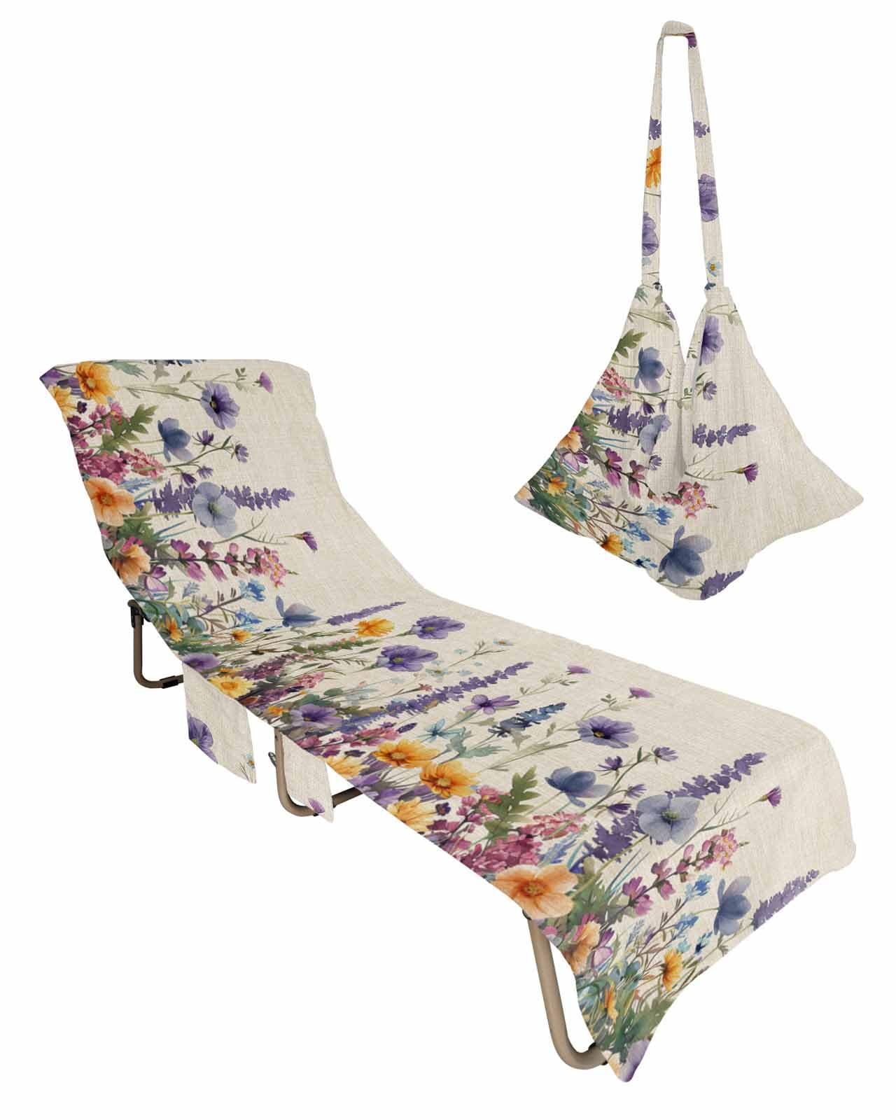 Spring Floral Beach Lounge Chair Towel Cover, Soft Chaise Lounge Towel with Side Pockets Patio Pool Chairs Cover for Beach/Pool Sunbathing 29x85 Purple Flowers Summer Botanical Rustic