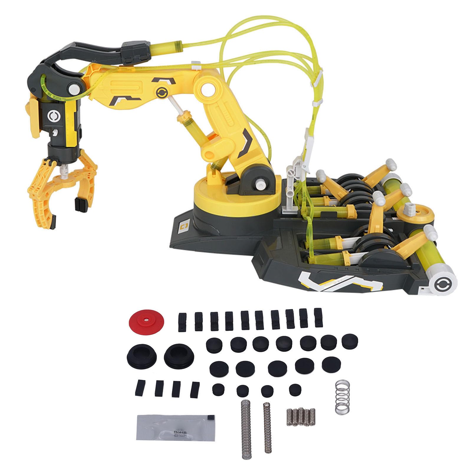 Kit Braccio Robot Idraulico, Giocattolo Braccio Meccanico per (102 giallo) | Non Sono Necessarie Batterie, Principio di Alimentazione Ad Acqua, Base con Rotazione di 270°, Morsetto e Ventosa Inclusi,