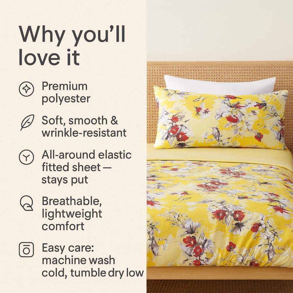 DaDa Bedding Lovely Yellow Floral Fitted and Flat Bed Sheets - Radiant Sunshine Hummingbirds Multi-Colorful Red Flowers - Bright Vibrant w/Pillow Cases Set - Cal King Size - 4-Pieces