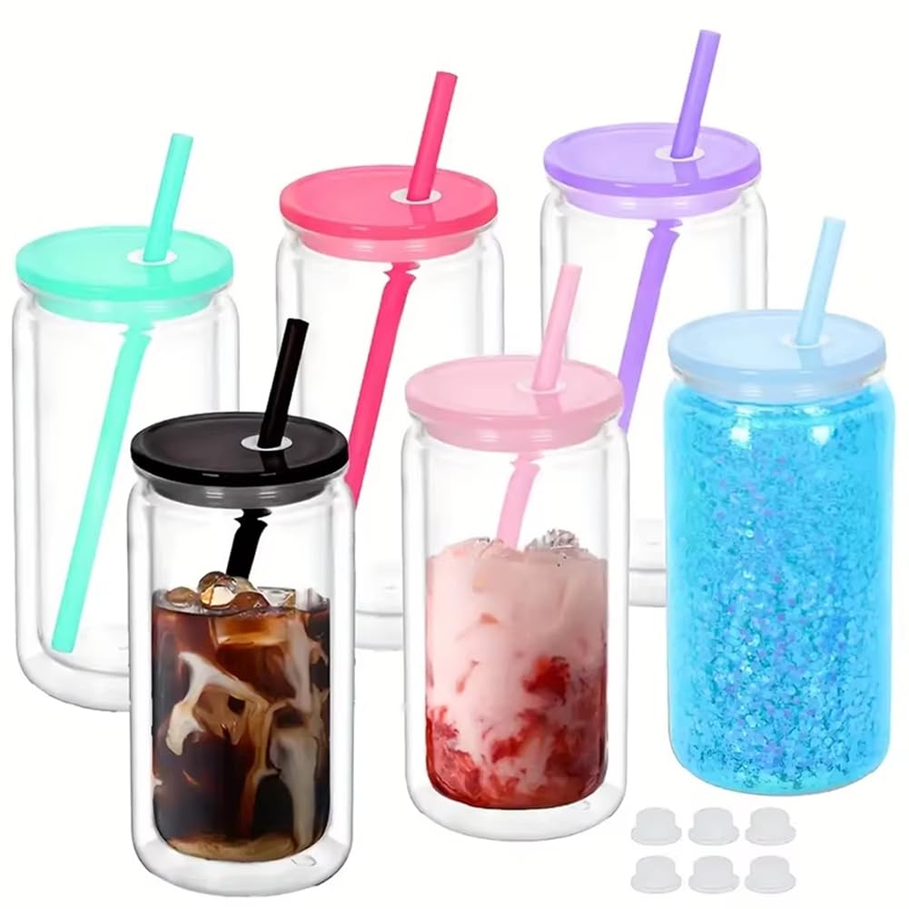 Vjsujehgy Pre-Drilled Hole 6PCS 16 Oz Double Wall Insulated Plastic Water Bottles with Straws& Lids DIY Snowball Cup B