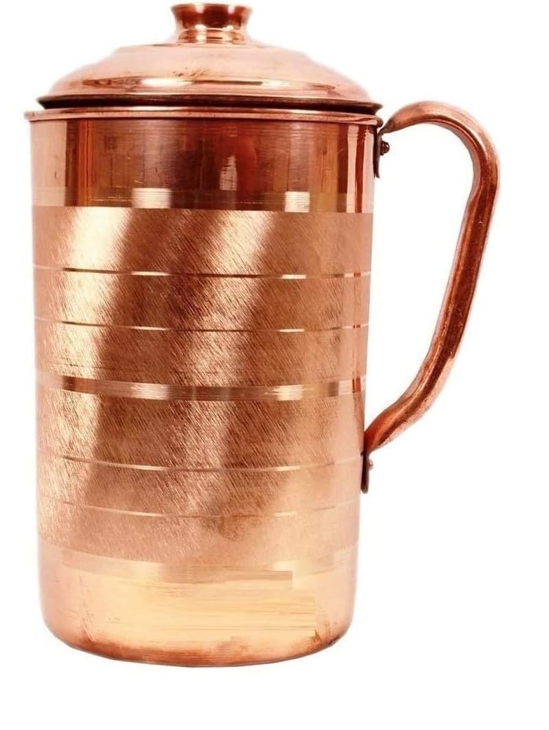 Lot de 3 pichets en cuivre pur avec couvercle pour la maison et la cuisine (1500 ml avec verre de 300 ml)