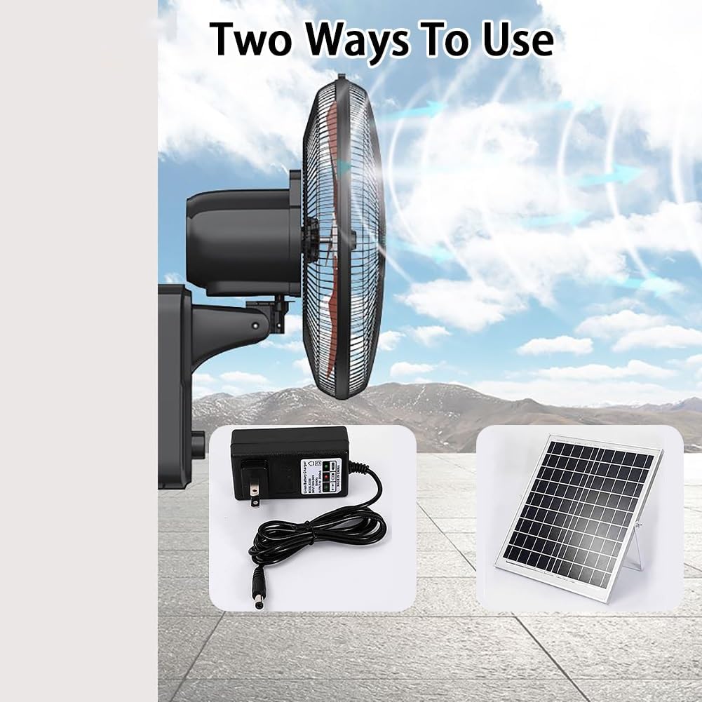 16" Wall Mounted Fans Oscillating Indoor, Outdoor Solar Fan with Remote Control, 5 Blades 3 Speeds, Timer, Adjustable Tilt, Solar Powered Fans for Outside, Solar Panel, Power Adapter