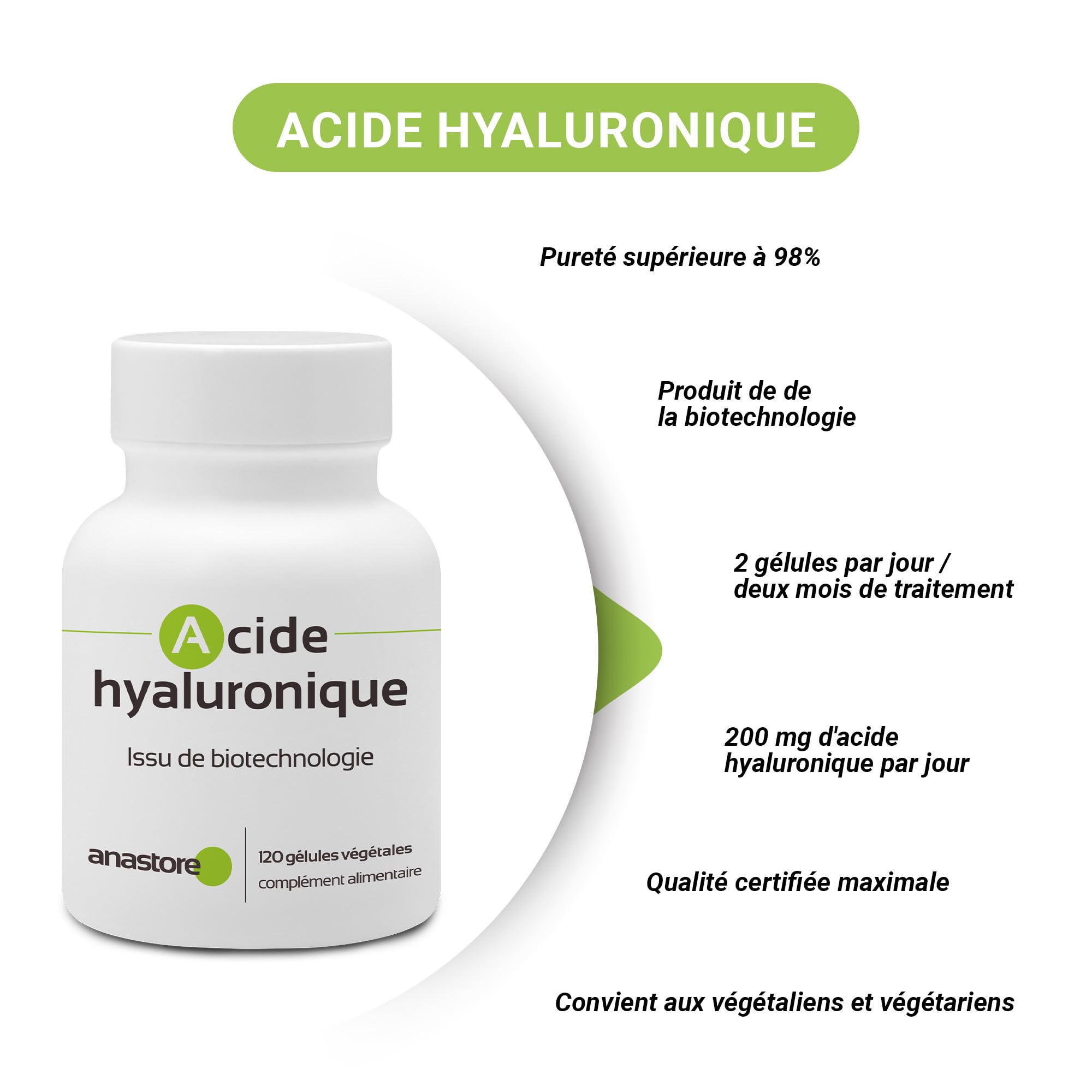 Acide hyaluronique - 100 mg / 120 gélules végétales - Pureté garantie 90% minimum - Un composant naturel qui lutte contre le vieillissement de la peau et les problèmes d'articulation