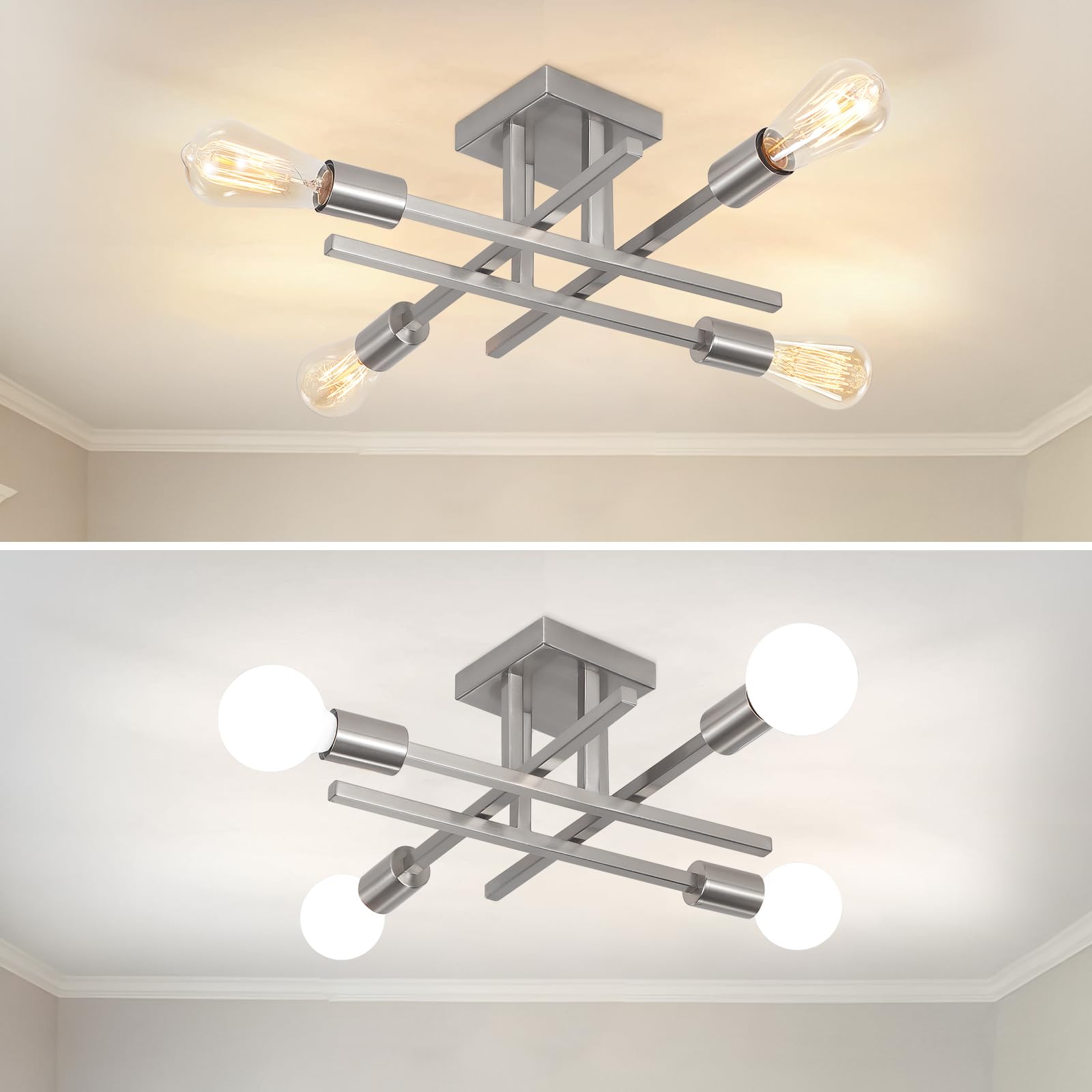 Lustre Plafonnier Vintage Industriel, 4 Lumières Lustre Moderne Salon Chambre Cuisine, Industrielle Luminaire Plafonnier E27 pour Salle a Manger, Couloir, Nickel