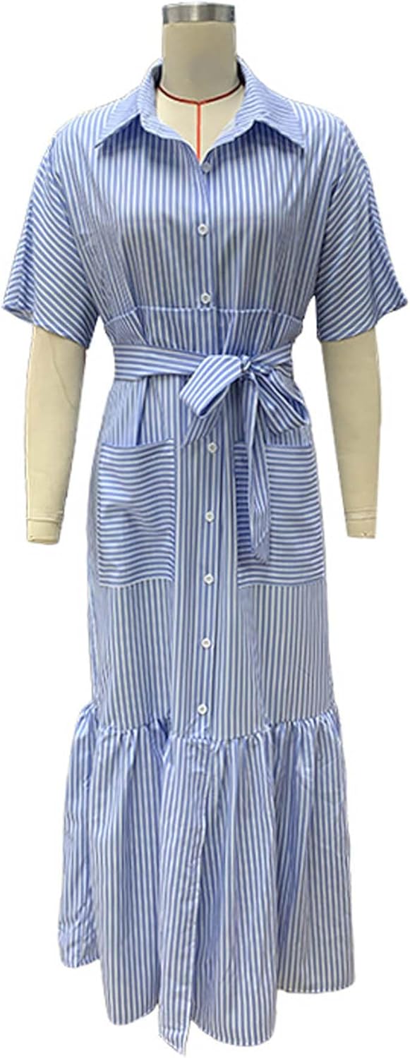 Sexyshine Women's Striped Maxi Dress Lapel V Neck Button Down Tie Waist Short Sleeve Ruffled Swing Shirt Dress with Pockets - Image 5
