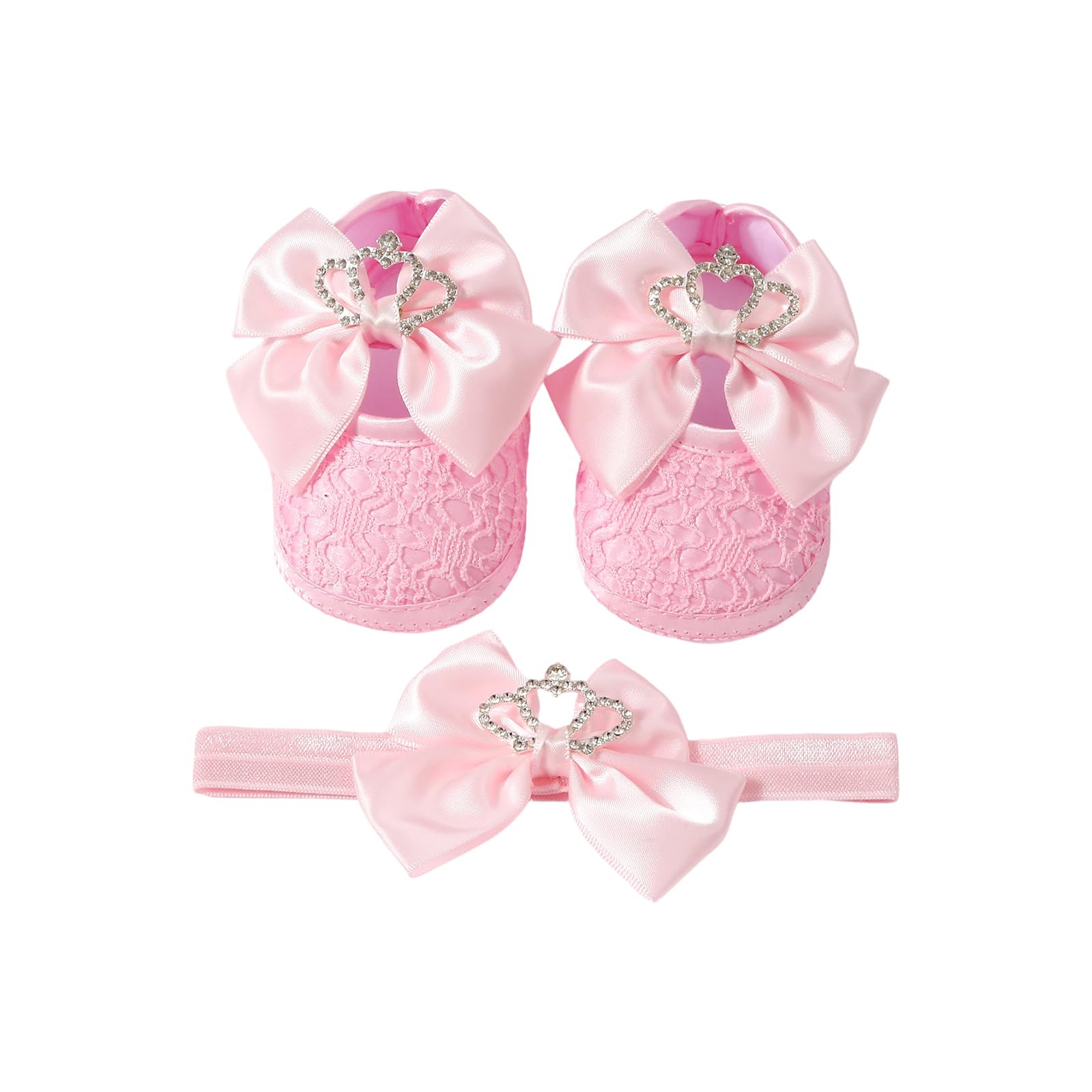 Stylish Crowns Bowknot Design Newborns Girl Shoe Headband Set Feature Soft Soles and Comfortable Fabric Soft Baby Footwearsophisticated Child Girl Footwear