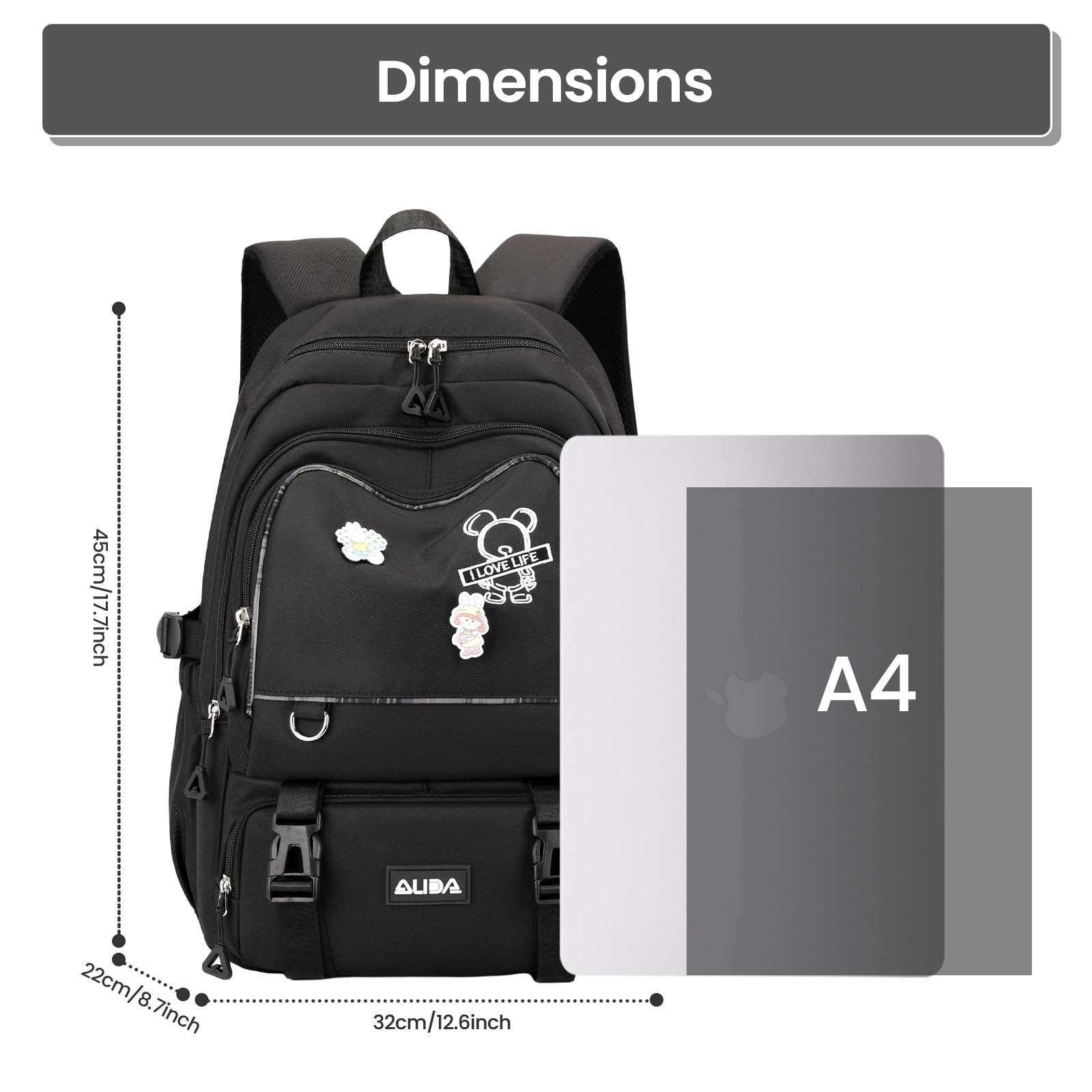Amythe Zaino Ragazza Scuola Elementare Media Leggero Grande, Nero | Zaino Scuola Media Ragazza Idrorepellente, Zaini Porta pc Borsa Casual Adolescenti, Adatto al Trolley, Ritorno / Viaggio