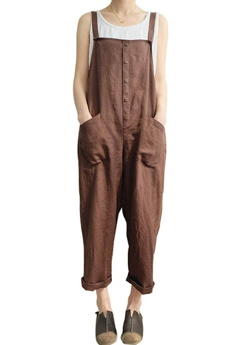 BIGPETSWomen's Casual Baggy Loose Linen Overalls Jumpsuit with Pockets