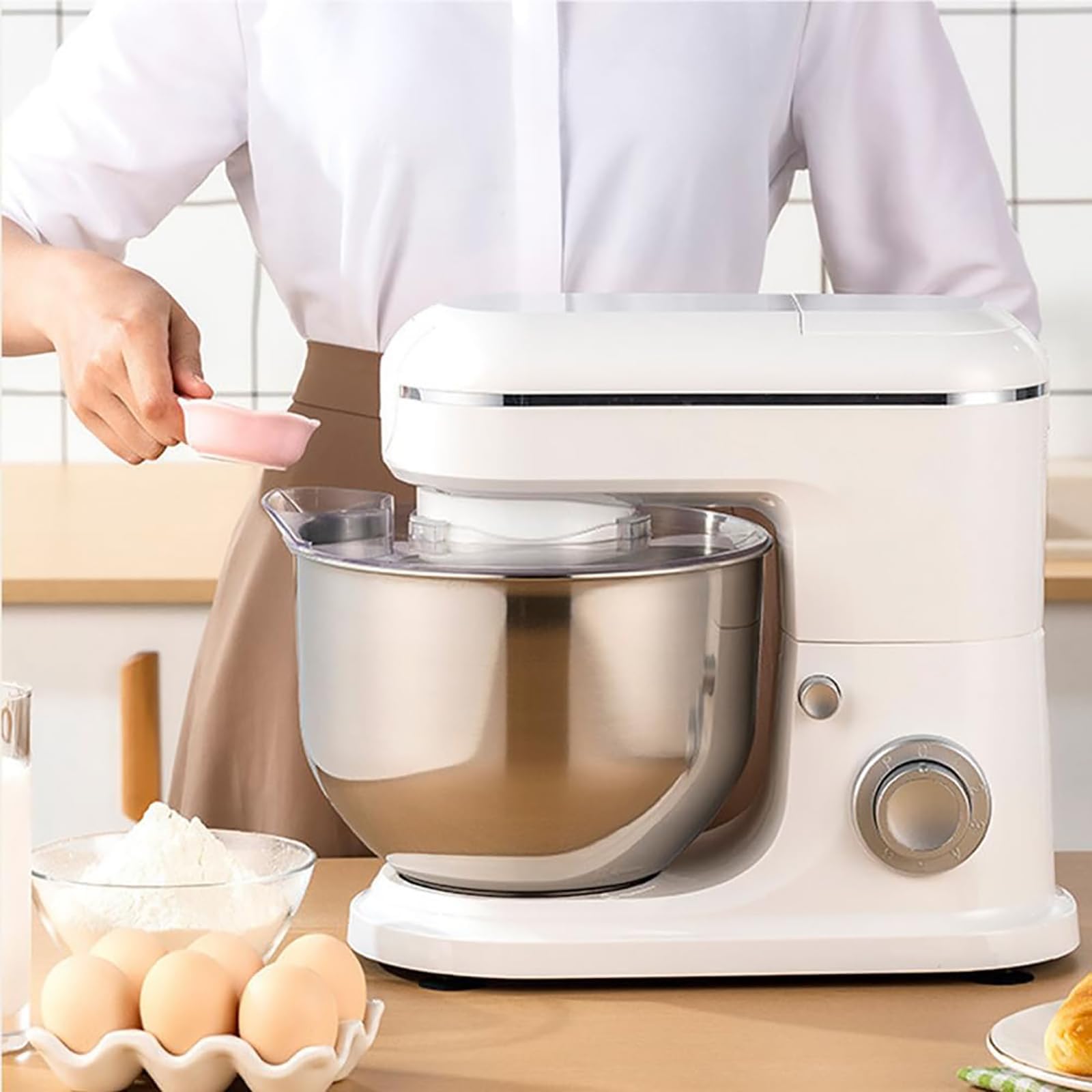 Mikser stojący 600 W, blender do ciasta 3 l, 6+P Speed ​​mikser elektryczny, mikser do żywności, blender do ciasta z misą ze stali nierdzewnej, hakiem do wyrabiania ciasta, ubijaczką, trzepaczką
