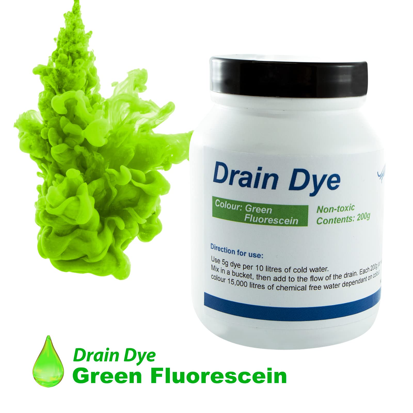 Tinte trazador para detección de fugas 200 gr - Tinte para la detección de fugas piscina - liquido detector fugas (Verde) Tiñe el agua, tinte para el agua,- CON FLUORESCINA