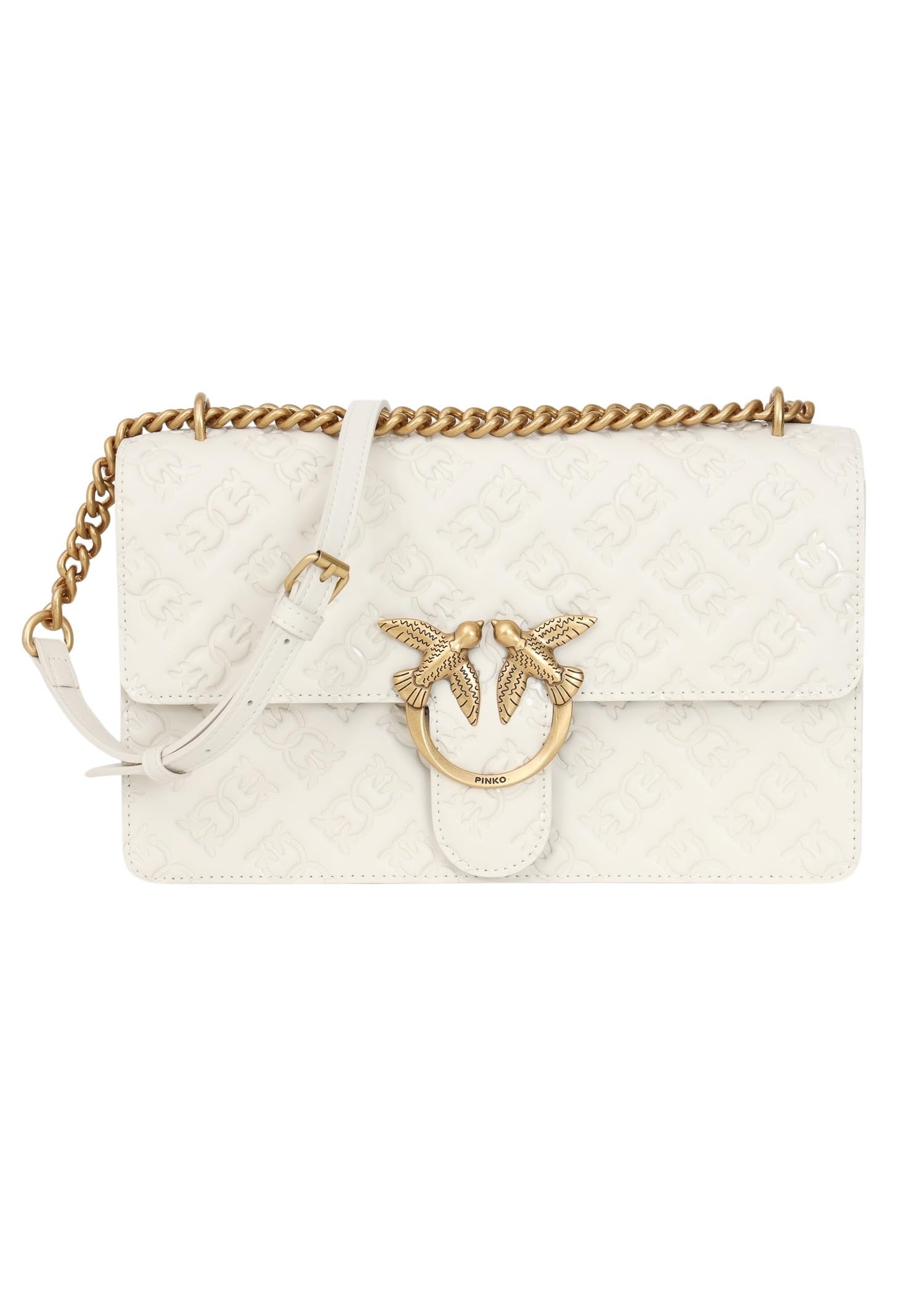 Pinko Love One Classic Borsa A Tracolla In Pelle Beige Con Uccelli Dorati, Divisorio Con Cerniera, Tracolla Regolabile, 27x16.5x7 Cm