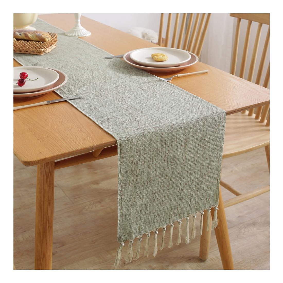 NIUSABOU Kitchen Dining TableDecoration, Farmhouse Table Runner With Fringe Coffee Cover Multicolor 33x(92-275) cm(Ht Green,33x228cm(12.9x89.7in))