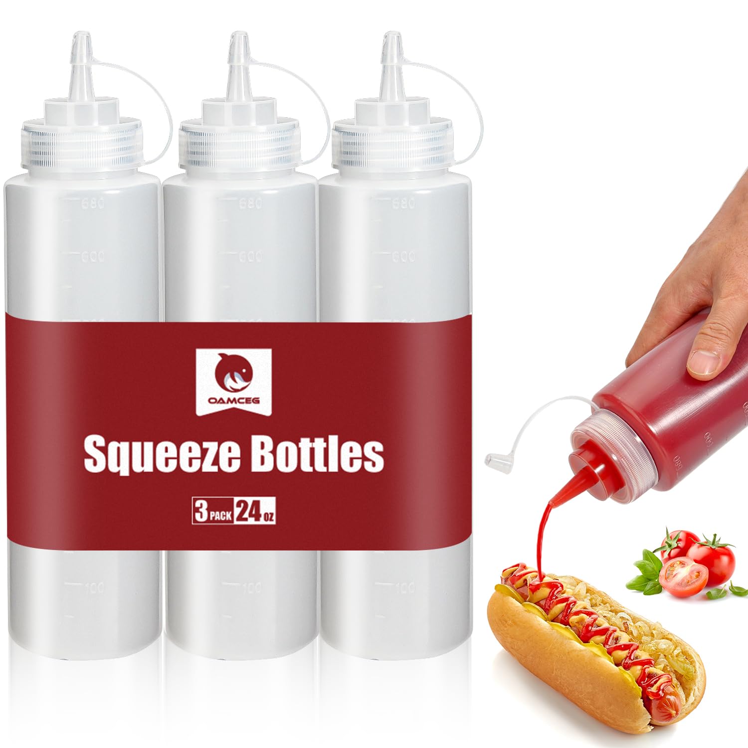 OAMCEG 3 Pack Ketchup Squeeze Bottles - 24 OZ Plastic Condiment Squeeze Squirt Bottles and Caps with Discrete Measurements, for Ketchup, BBQ, Sauces, Syrup, Condiments, Dressings, Paint, BPA Free