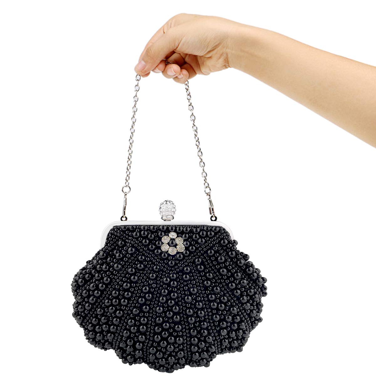NICOLE & DORIS Cartera de Mano Fiesta, Clutch Mujer Bolso al Hombro para Mujer Retro Beaded Perlas Bolso de Noche Bolso de Embrague para Ceremonia Boda Novia Negro