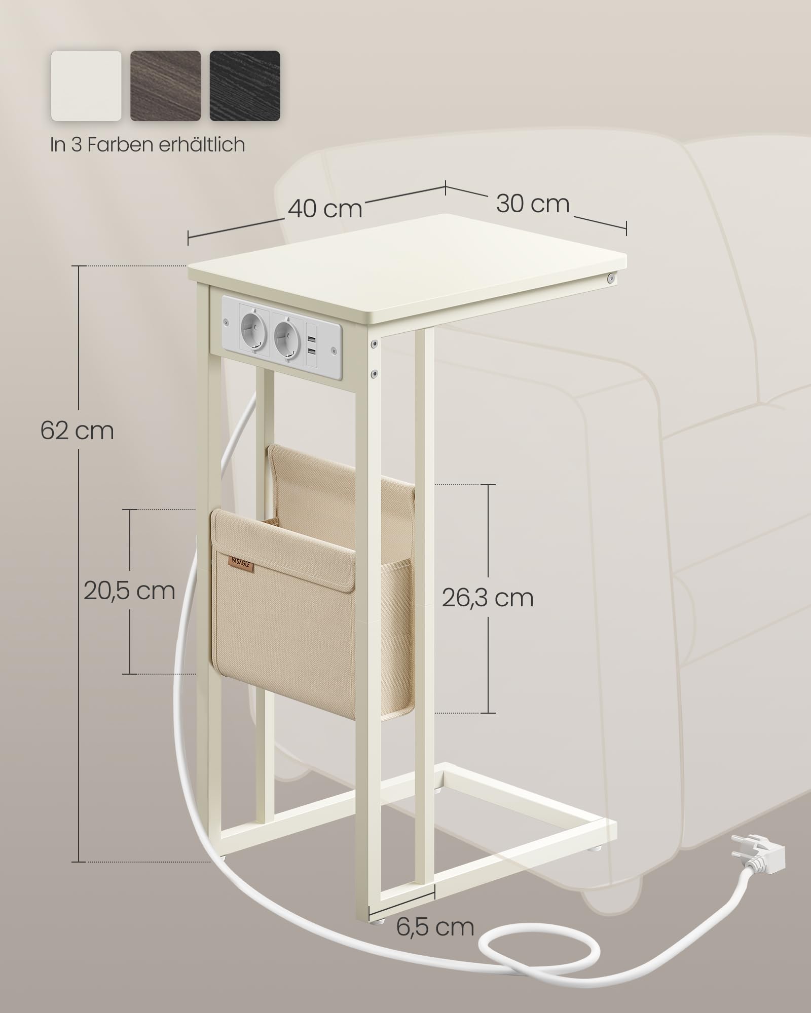 VASAGLE Beistelltisch, C-Form, mit Steckdose, Metallgestell, 40x30x62.2 cm | Sofatisch, Kaffeetisch, für Kaffee und Laptop, modernes Design, cremeweiß, BARNET Kollektion LET356W02