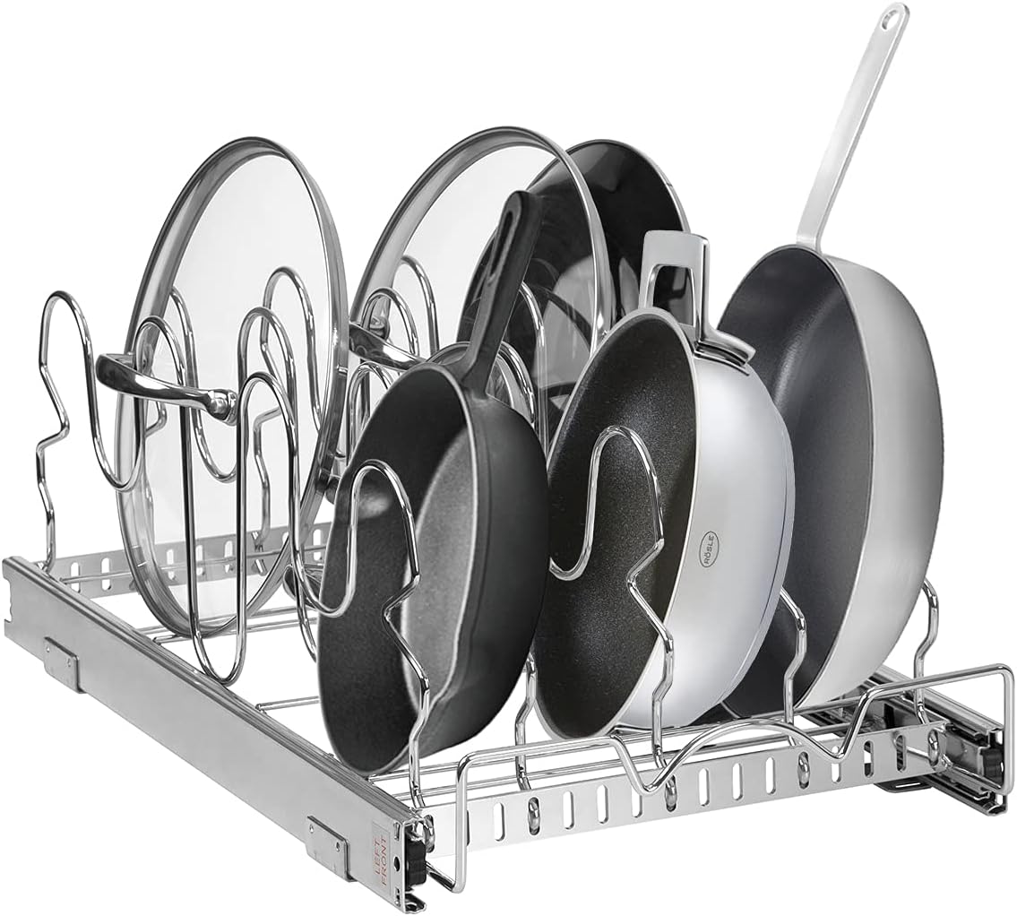 Pull Out Pan Lid Organizer Rack for Cabinet - for Pots, Pans, Lids, Sliding Storage Holder Rack for Kitchen Cabinet -12.5" W X 21” D X 8" H - Heavy Duty with 5 Year Limited Warranty, Chrome