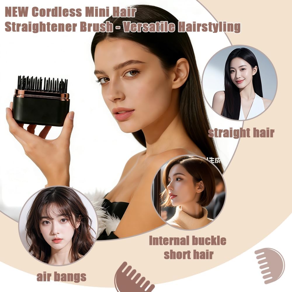 Cordless Mini Hair Straightener Brush - Rechargeable Battery-Powered, Portable Small Straightening Comb with LCD 3 Temperature Settings for Travel,RV, Outdoor - Image 7