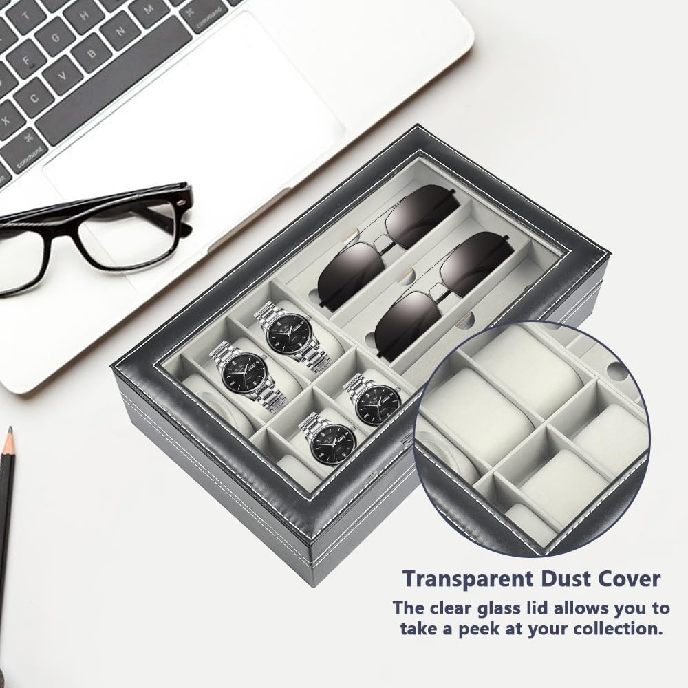 Boîte De Rangement Montres & Lunettes 6+3 Compartiments – Coffret Bois PU Verre – Organiseur Élégant Pour Collectionneurs