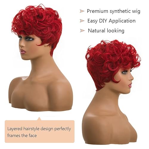 Miniatura 4 de Pelucas cortas rizadas rojas para mujeres negras, peluca de corte Pixie rojo con flequillo, pelucas de cabello sintético ondulado natural, peluca de