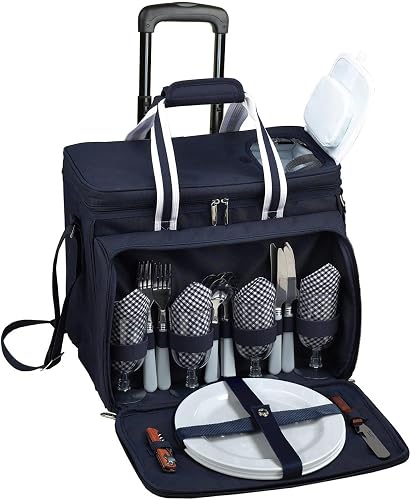 Picnic at Ascot Original Insulated Picnic Cooler with Service for 4 on Wheels-Designed & Assembled in the USA