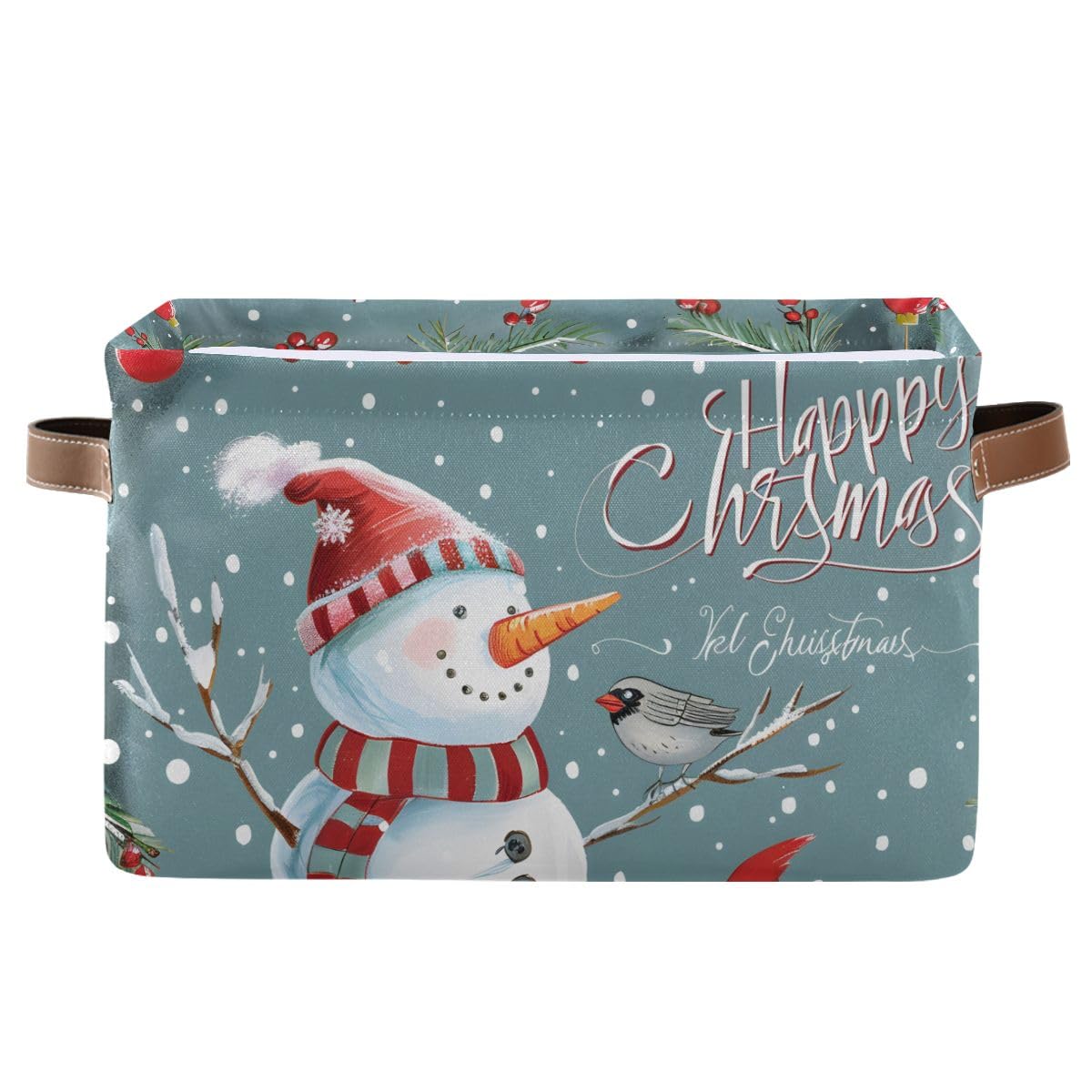 Snowman Bird Storage Basket,Large Storage Bin Fabric Collapsible Organizer Bag with Handles 15x11x9.5 inch